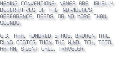 NAMING CONVENTIONS: NAMES ARE USUALLY DESCRIPTIVES OF THE INDIVIDUAL'S APPEARANCE, DEEDS, OR NO MORE THAN SOUNDS. E.G.: KAH, HUNDRED STAGS, BROKEN TAIL, RUNS FASTER THAN THE WIND, TEK, TOTO, KATAN, SILENT CALL, TRAVELER. 